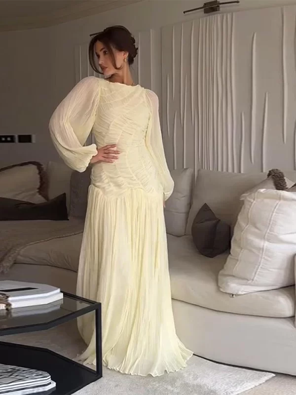 Elegant Chiffon Pleated Long Dress Women Full Puff Sleeve O-neck See Through Party Yellow Dresses Female 2025 Summer A-line Robe - Image 4