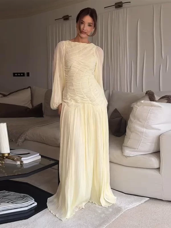 Elegant Chiffon Pleated Long Dress Women Full Puff Sleeve O-neck See Through Party Yellow Dresses Female 2025 Summer A-line Robe - Image 5