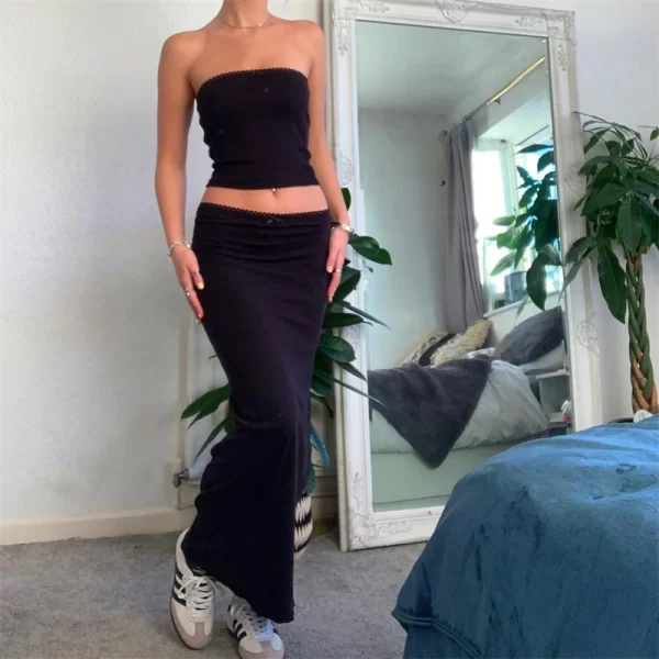 Vintage 2 Piece Long Skirt Sets Women Cute Spaghetti Strap Crop Cami Maxi Midi Skirts Y2k Two Piece Outfit Beach Wear - Image 2