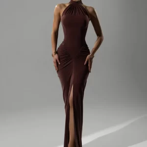 Mozision Halter Ruched Sleeveless Sexy Maxi Dress Women Gown Fashion Slim High Waist Evening Club Party Split Long Dress