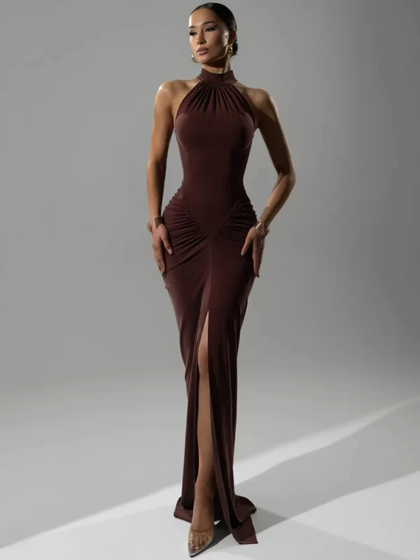Mozision Halter Ruched Sleeveless Sexy Maxi Dress Women Gown Fashion Slim High Waist Evening Club Party Split Long Dress