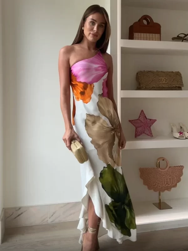 ﻿ Fashion Printed Curling Edge Dresses Chic Irregular Neck Off Shoulder Open Fork Gown New Women Summer Cocktail Party Vestido - Image 6