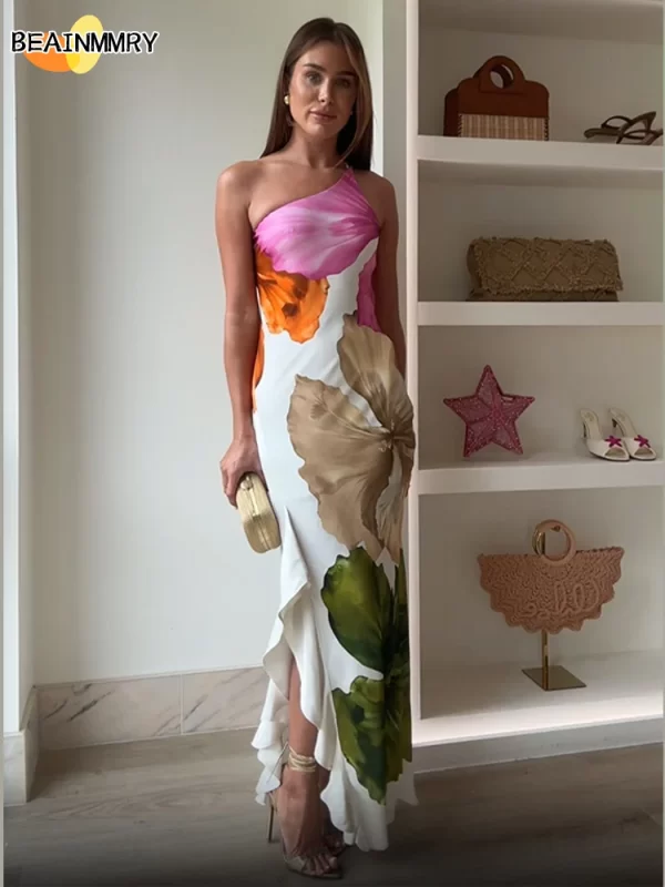 ﻿ Fashion Printed Curling Edge Dresses Chic Irregular Neck Off Shoulder Open Fork Gown New Women Summer Cocktail Party Vestido