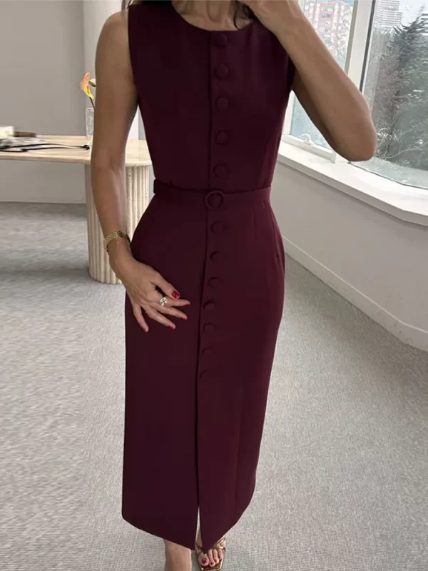 Elegant Single Breasted Tank Dress Women Belts Sleeveless O-neck Slim Solid 2025 Spring Dresses Commute Street Split Lady Robe - Image 3