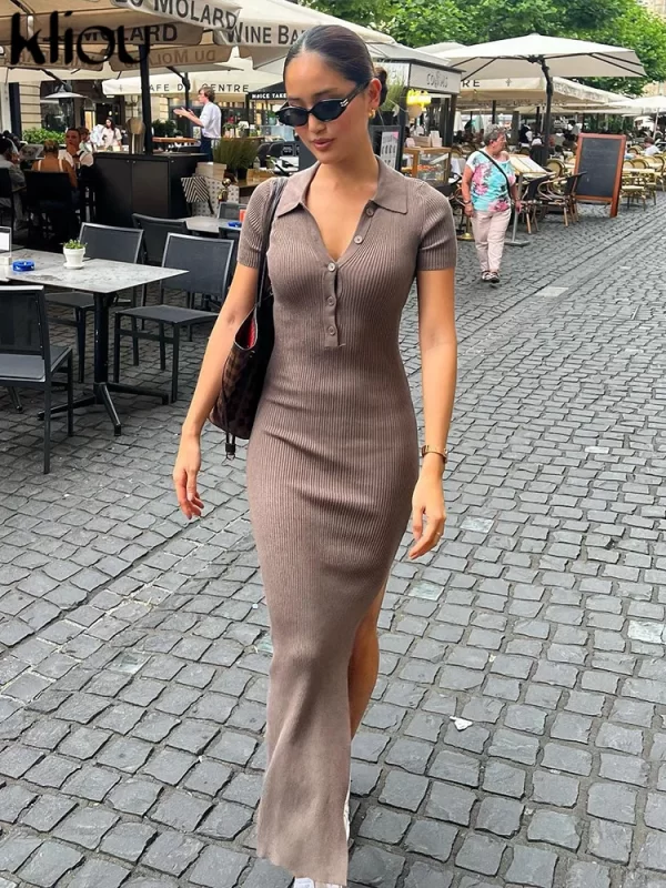 Kliou Elegant Office Lady Maxi Dress Women Solid Fashion Turn-down Collar Short Sleeve Button Side Slit Body-Shaping Street Robe - Image 2