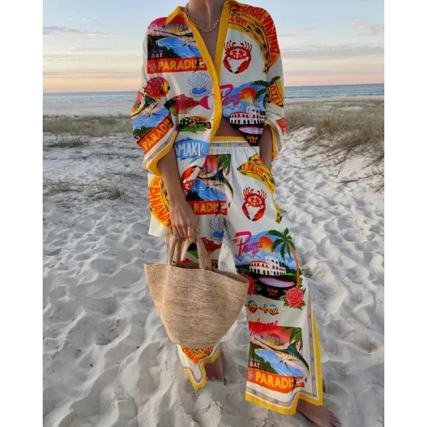 Spring Summer Fashion Print Beach Holiday 2-Piece Set Tracksuit Woman Long Sleeve Shirt Top+Wide Legs Oversized Two-Piece Outfit - Image 2