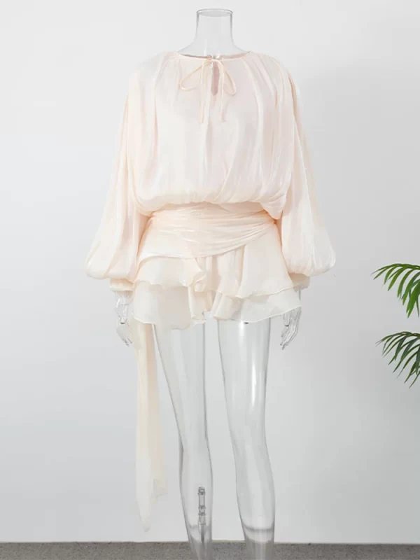 Fashion Women's Ruffles Short Dress Elegant Round Neck Lace Up Lantern Long Sleeve Mini Vestido Chic Female 2025 Solid Dresses - Image 6