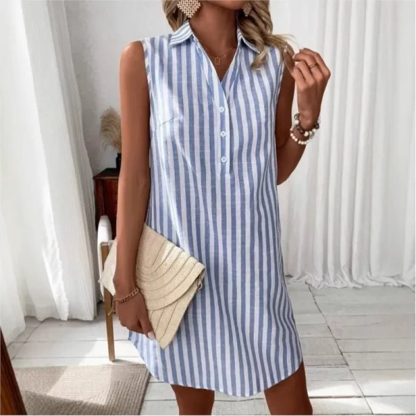New Summer Woman Minimalist Sleeveless V-neck Buttons Striped Shirt Dress Fashion Loose Casual Simple dress Women - Image 3