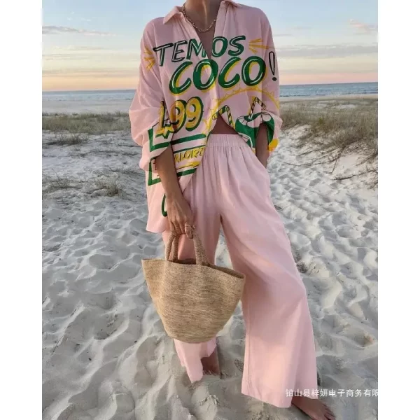 Spring Summer Fashion Print Beach Holiday 2-Piece Set Tracksuit Woman Long Sleeve Shirt Top+Wide Legs Oversized Two-Piece Outfit - Image 5