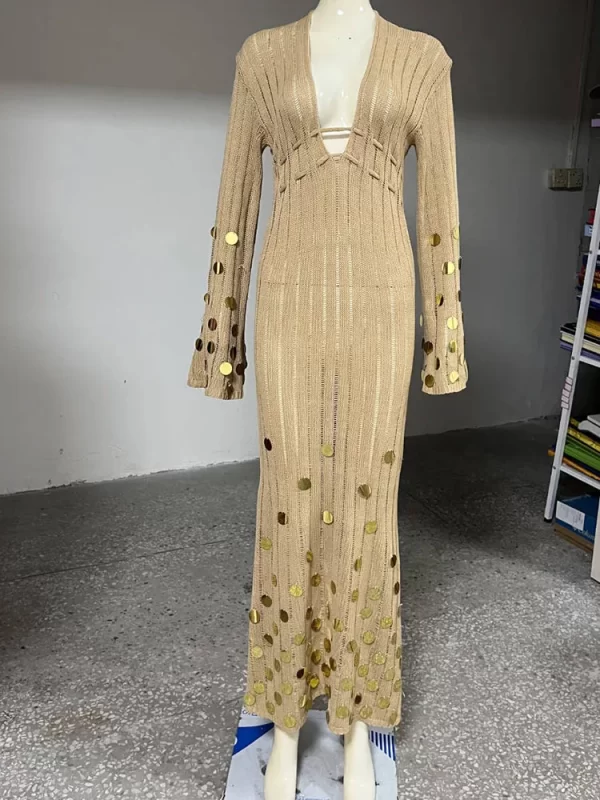 Summer Sequins Knitted Elegant Beach Dress for Women Sexy Hollow Out Long Sleeve Maxi Dress Holidays Party Beachwear 2025 - Image 6