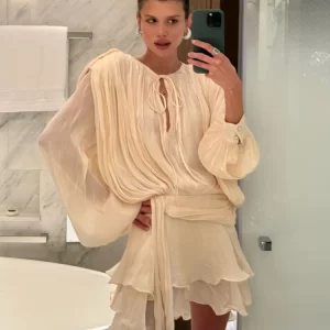 Fashion Women's Ruffles Short Dress Elegant Round Neck Lace Up Lantern Long Sleeve Mini Vestido Chic Female 2025 Solid Dresses
