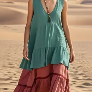 Vintage Sexy Sleeveless Patchwork Irregular Long Dress 2025 Summer Woman Flounce Simple Casual Pleated Pullover Beach Dresses