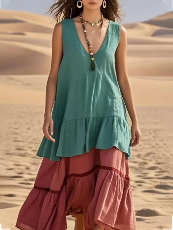Vintage Sexy Sleeveless Patchwork Irregular Long Dress 2025 Summer Woman Flounce Simple Casual Pleated Pullover Beach Dresses