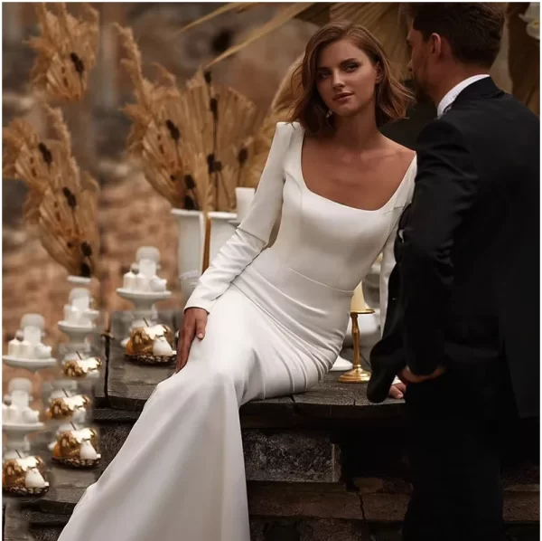 Elegant Wedding Dress Mermaid Square Neckline Long Sleeves Satin Customize To Measures Bridal Dress U-Shape Brides For Lady