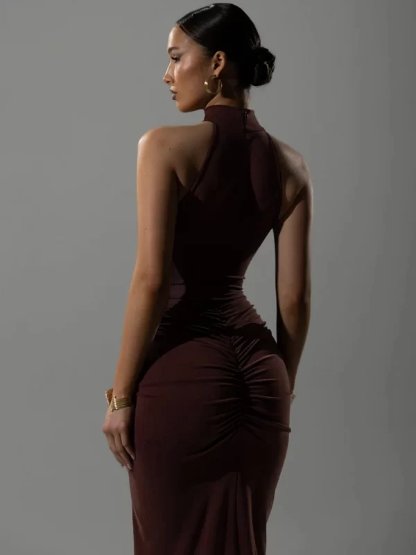 Mozision Halter Ruched Sleeveless Sexy Maxi Dress Women Gown Fashion Slim High Waist Evening Club Party Split Long Dress - Image 4