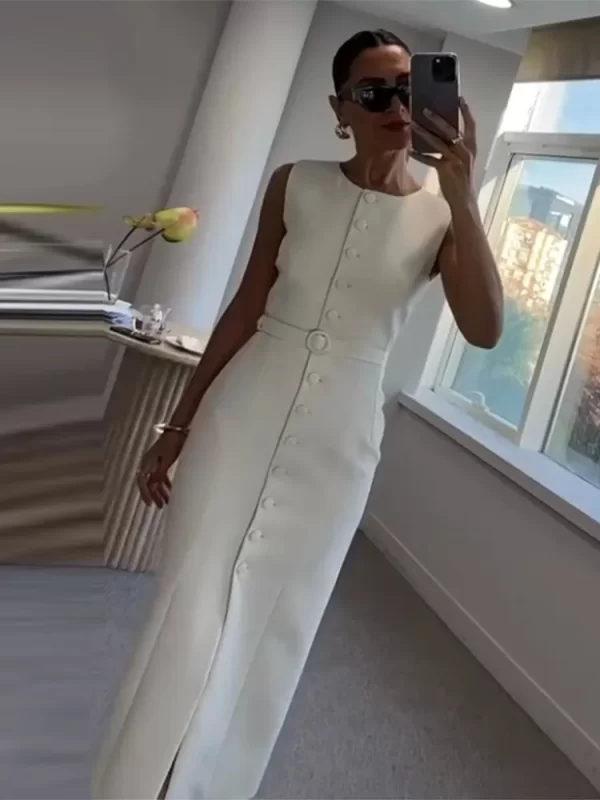 Elegant Single Breasted Tank Dress Women Belts Sleeveless O-neck Slim Solid 2025 Spring Dresses Commute Street Split Lady Robe - Image 2