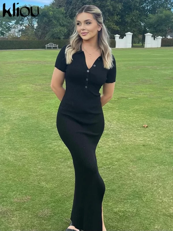 Kliou Elegant Office Lady Maxi Dress Women Solid Fashion Turn-down Collar Short Sleeve Button Side Slit Body-Shaping Street Robe - Image 4