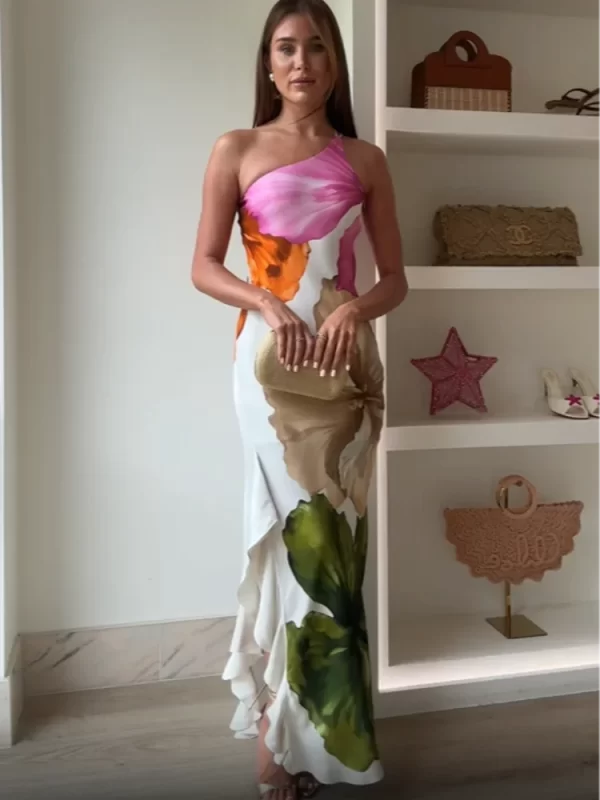﻿ Fashion Printed Curling Edge Dresses Chic Irregular Neck Off Shoulder Open Fork Gown New Women Summer Cocktail Party Vestido - Image 3