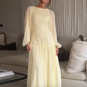 Elegant Chiffon Pleated Long Dress Women Full Puff Sleeve O-neck See Through Party Yellow Dresses Female 2025 Summer A-line Robe