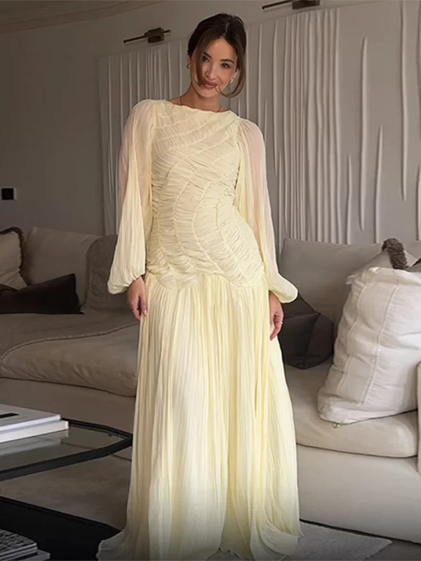 Elegant Chiffon Pleated Long Dress Women Full Puff Sleeve O-neck See Through Party Yellow Dresses Female 2025 Summer A-line Robe