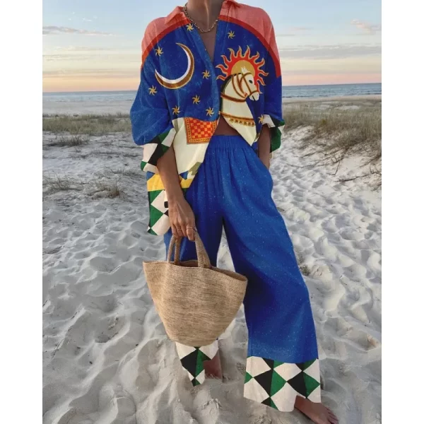 Spring Summer Fashion Print Beach Holiday 2-Piece Set Tracksuit Woman Long Sleeve Shirt Top+Wide Legs Oversized Two-Piece Outfit - Image 6