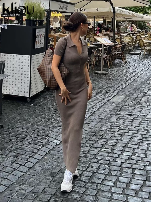 Kliou Elegant Office Lady Maxi Dress Women Solid Fashion Turn-down Collar Short Sleeve Button Side Slit Body-Shaping Street Robe - Image 3