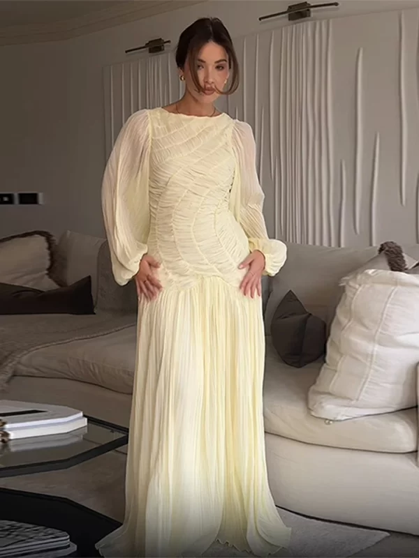 Elegant Chiffon Pleated Long Dress Women Full Puff Sleeve O-neck See Through Party Yellow Dresses Female 2025 Summer A-line Robe - Image 6