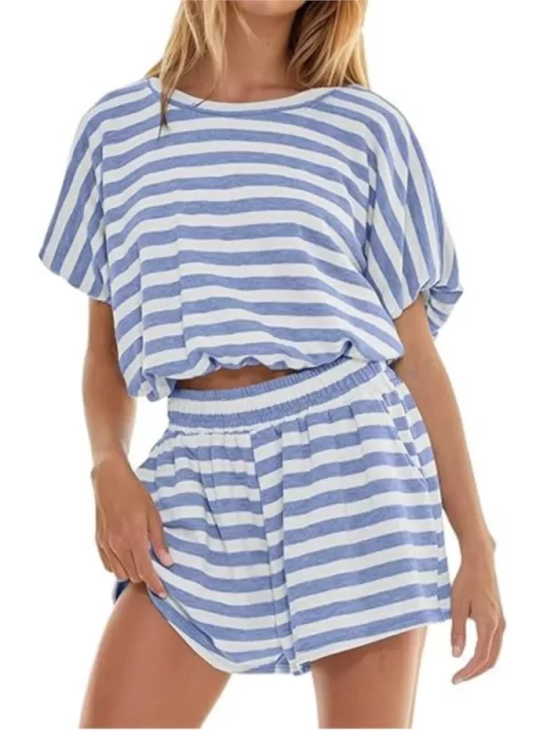 Summer Casual Stripe Print O-neck T-shirts And Shorts Two Piece Set Women's New Pocket Loose Pants Set Woman Fashion Sets - Image 2
