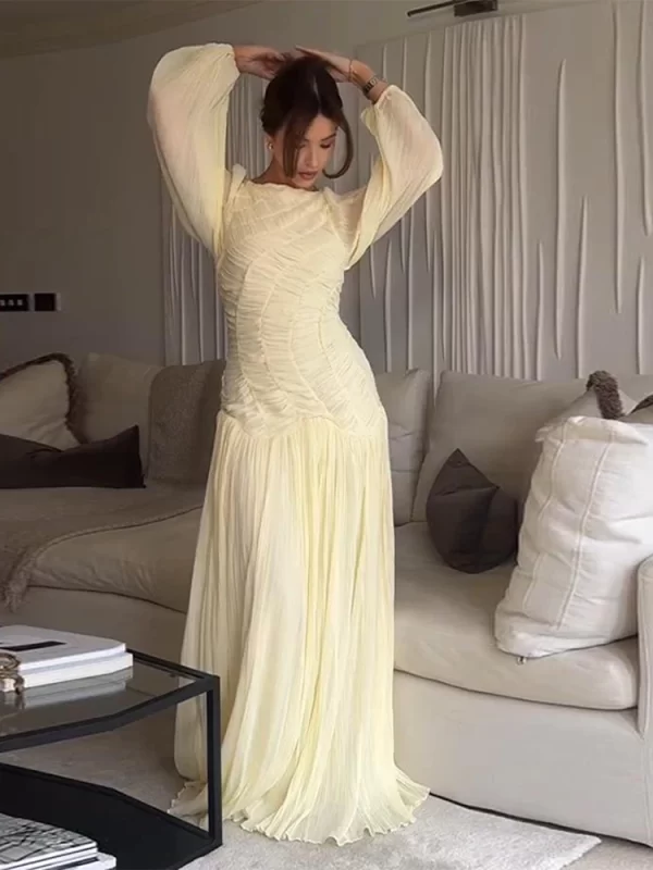 Elegant Chiffon Pleated Long Dress Women Full Puff Sleeve O-neck See Through Party Yellow Dresses Female 2025 Summer A-line Robe - Image 2