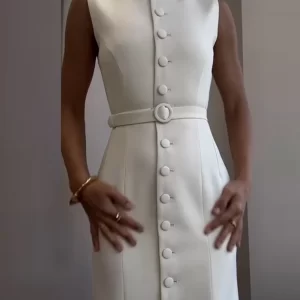 Elegant Single Breasted Tank Dress Women Belts Sleeveless O-neck Slim Solid 2025 Spring Dresses Commute Street Split Lady Robe