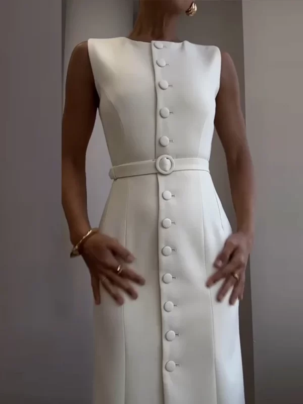 Elegant Single Breasted Tank Dress Women Belts Sleeveless O-neck Slim Solid 2025 Spring Dresses Commute Street Split Lady Robe