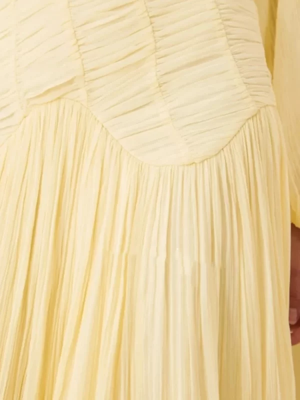 Elegant Chiffon Pleated Long Dress Women Full Puff Sleeve O-neck See Through Party Yellow Dresses Female 2025 Summer A-line Robe - Image 3