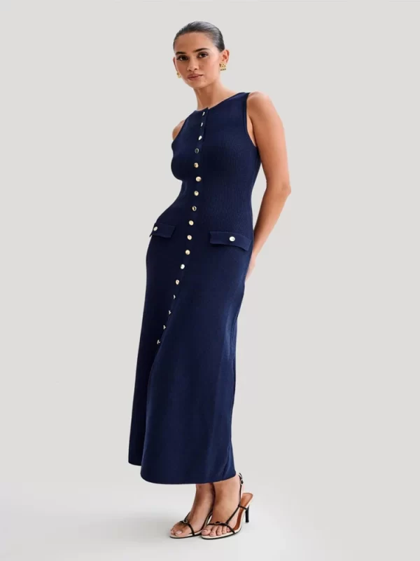 2024 Summer Elegant Lady Knitted Single Breasted Long Dresses Women Solid Sleeveless O Neck Button Bodycon Party Female Vestidos - Image 2