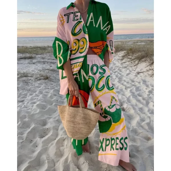 Spring Summer Fashion Print Beach Holiday 2-Piece Set Tracksuit Woman Long Sleeve Shirt Top+Wide Legs Oversized Two-Piece Outfit - Image 3