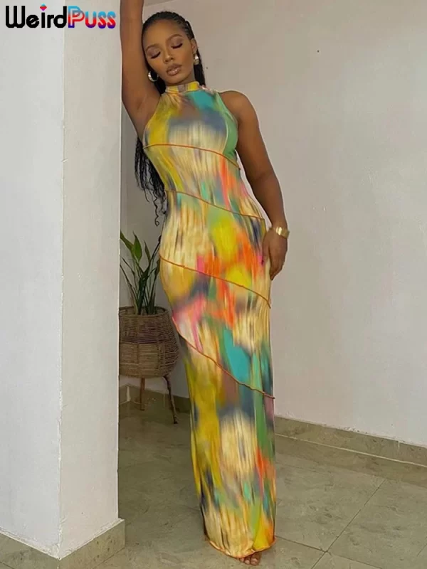 Weird Puss Colorful Print Dress Women Summer Trend Sleeveless Patchwork Skinny Elastic Bodycon Birthday Party Clubwear Vestidos