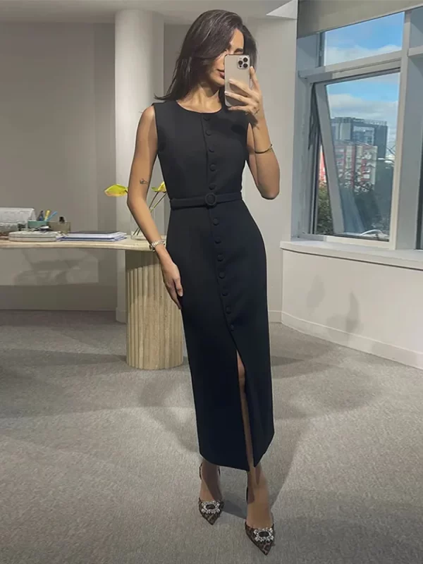 Elegant Single Breasted Tank Dress Women Belts Sleeveless O-neck Slim Solid 2025 Spring Dresses Commute Street Split Lady Robe - Image 4