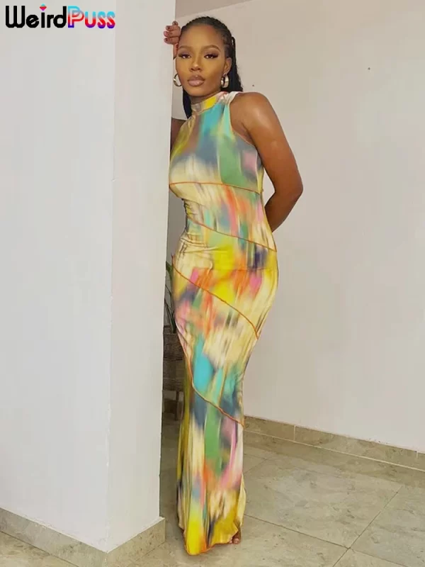 Weird Puss Colorful Print Dress Women Summer Trend Sleeveless Patchwork Skinny Elastic Bodycon Birthday Party Clubwear Vestidos - Image 2