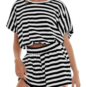 Summer Casual Stripe Print O-neck T-shirts And Shorts Two Piece Set Women's New Pocket Loose Pants Set Woman Fashion Sets