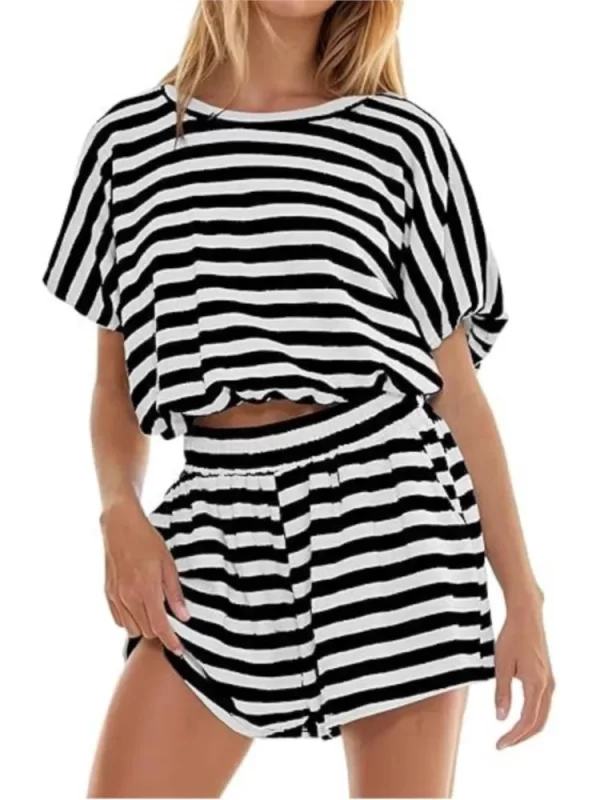 Summer Casual Stripe Print O-neck T-shirts And Shorts Two Piece Set Women's New Pocket Loose Pants Set Woman Fashion Sets