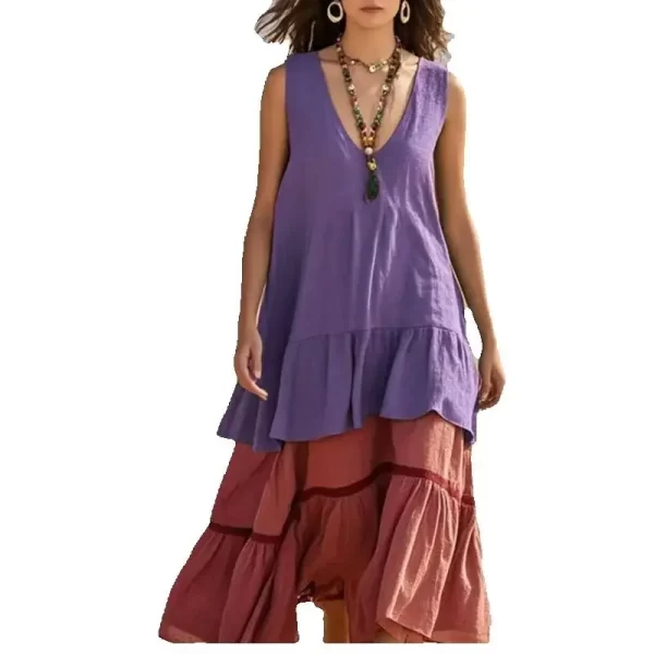 Vintage Sexy Sleeveless Patchwork Irregular Long Dress 2025 Summer Woman Flounce Simple Casual Pleated Pullover Beach Dresses - Image 2