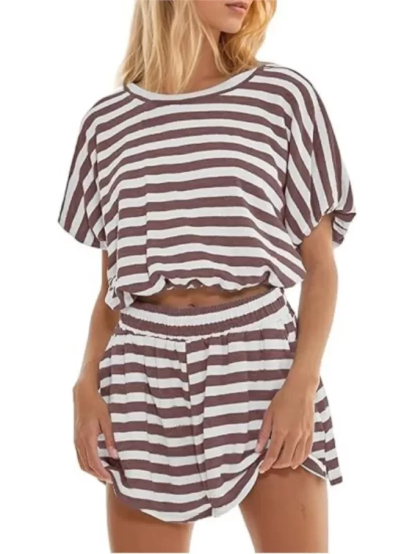 Summer Casual Stripe Print O-neck T-shirts And Shorts Two Piece Set Women's New Pocket Loose Pants Set Woman Fashion Sets - Image 4