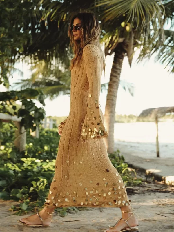 Summer Sequins Knitted Elegant Beach Dress for Women Sexy Hollow Out Long Sleeve Maxi Dress Holidays Party Beachwear 2025 - Image 3