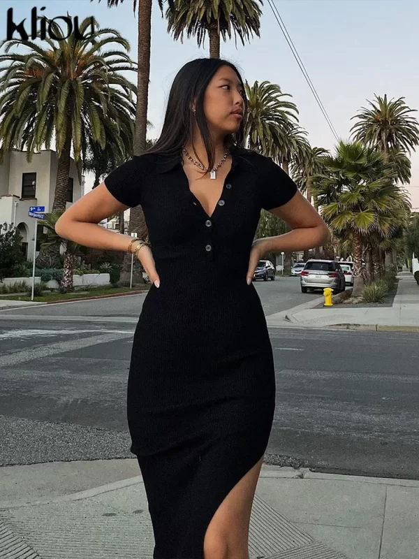 Kliou Elegant Office Lady Maxi Dress Women Solid Fashion Turn-down Collar Short Sleeve Button Side Slit Body-Shaping Street Robe - Image 6