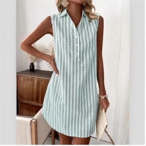 New Summer Woman Minimalist Sleeveless V-neck Buttons Striped Shirt Dress Fashion Loose Casual Simple dress Women
