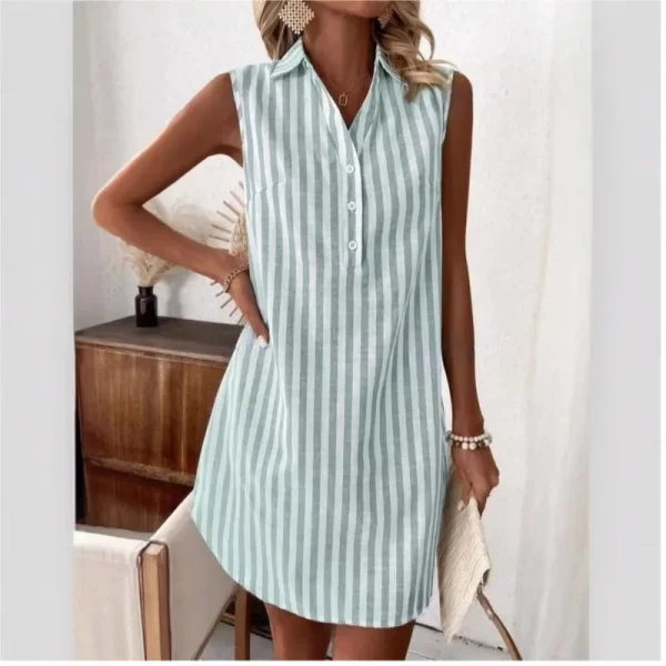 New Summer Woman Minimalist Sleeveless V-neck Buttons Striped Shirt Dress Fashion Loose Casual Simple dress Women