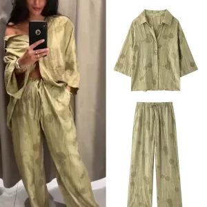 TFMLN Women's Fashion Two Piece Set Loose Jacquard Shirt 2024 High Waist Trousers Set Lapel Half Sleeve Shirt Wide Leg Pants