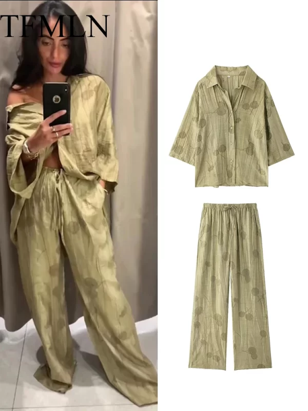 TFMLN Women's Fashion Two Piece Set Loose Jacquard Shirt 2024 High Waist Trousers Set Lapel Half Sleeve Shirt Wide Leg Pants
