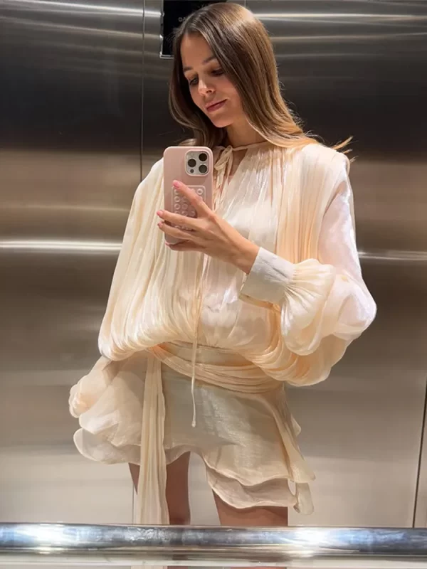 Fashion Women's Ruffles Short Dress Elegant Round Neck Lace Up Lantern Long Sleeve Mini Vestido Chic Female 2025 Solid Dresses - Image 5