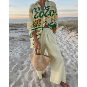 Spring Summer Fashion Print Beach Holiday 2-Piece Set Tracksuit Woman Long Sleeve Shirt Top+Wide Legs Oversized Two-Piece Outfit
