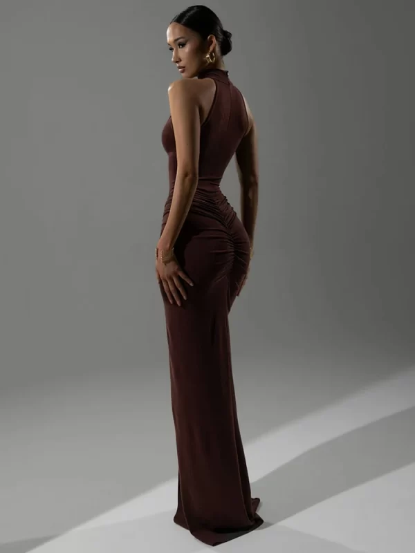 Mozision Halter Ruched Sleeveless Sexy Maxi Dress Women Gown Fashion Slim High Waist Evening Club Party Split Long Dress - Image 2